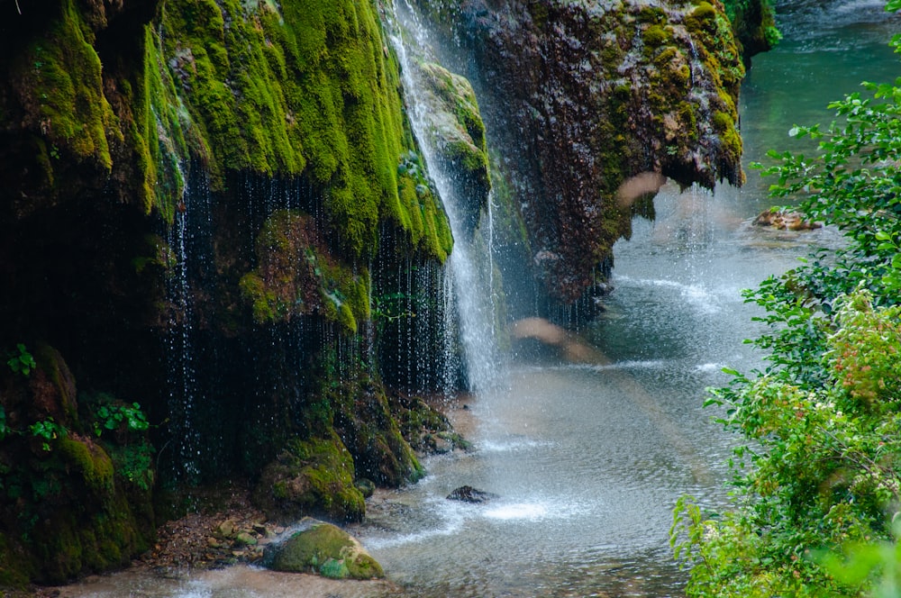 water falls in the middle of green moss covered rocks