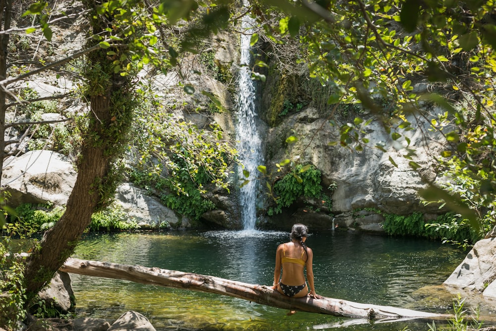 woman in black bikini sitting on brown wooden log near waterfalls during daytime