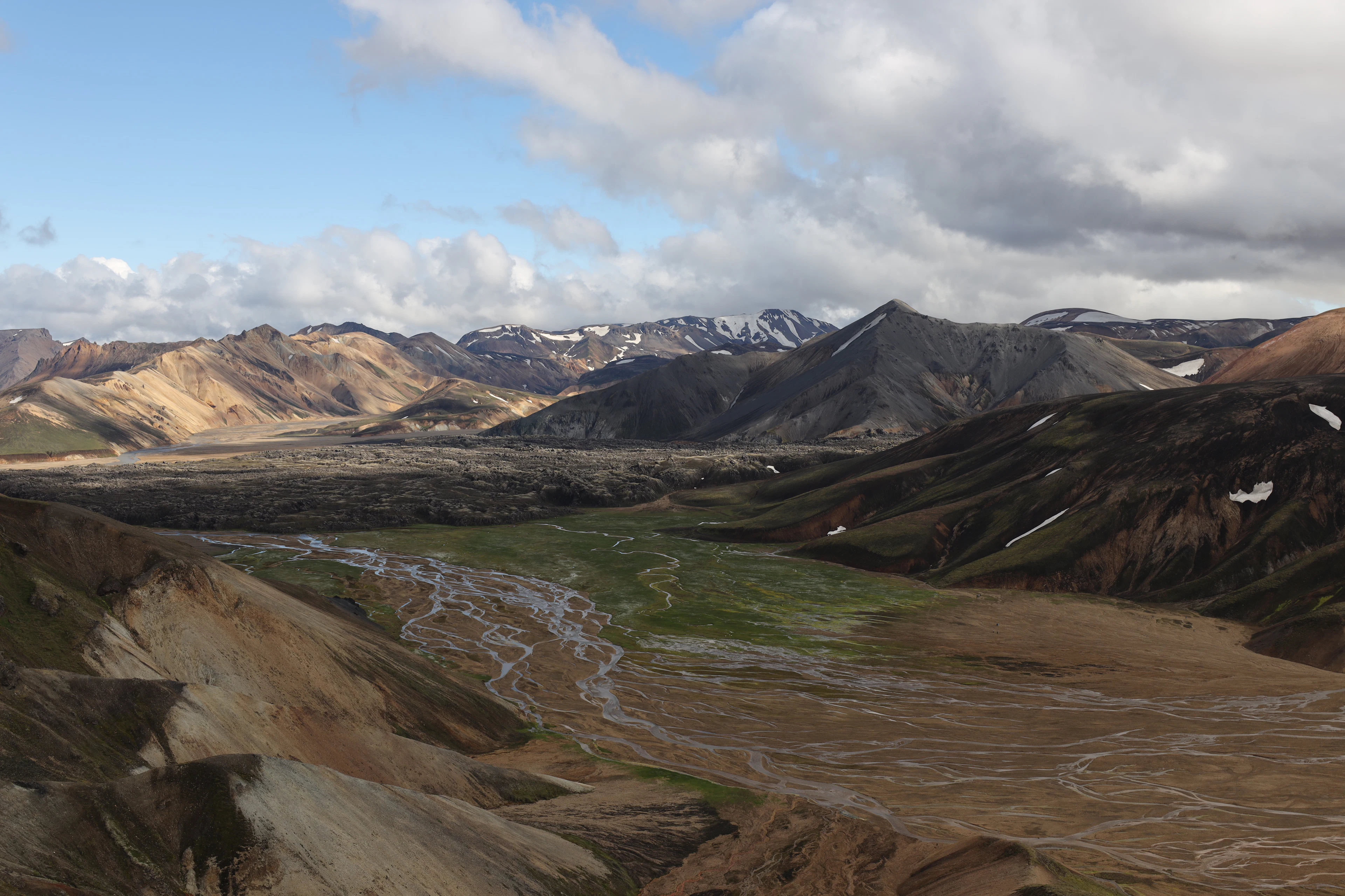 Brown and green rhyolite mountains at Landmannalaugar in the Icelandic Highlands