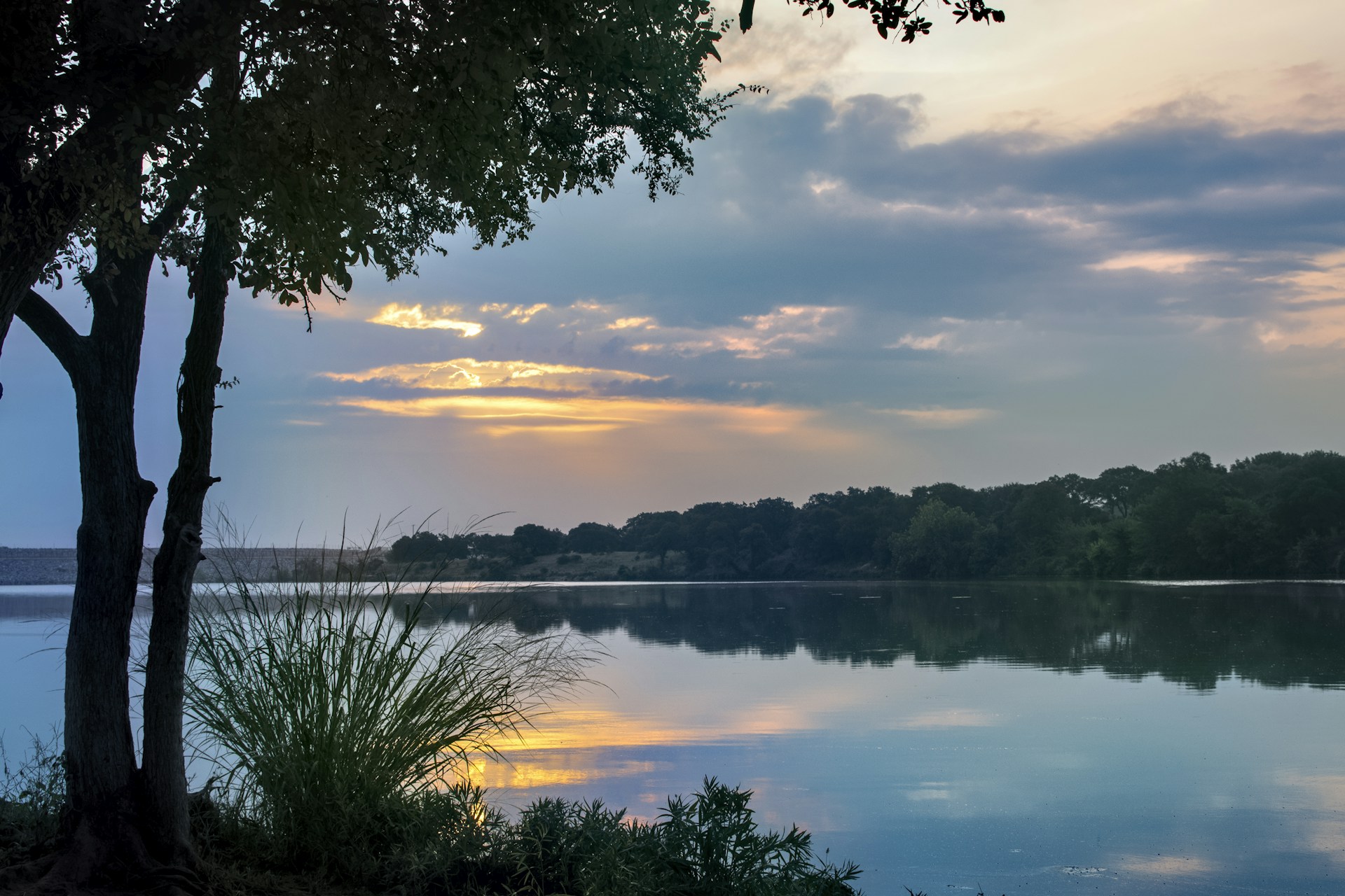 body of water near trees during sunset
