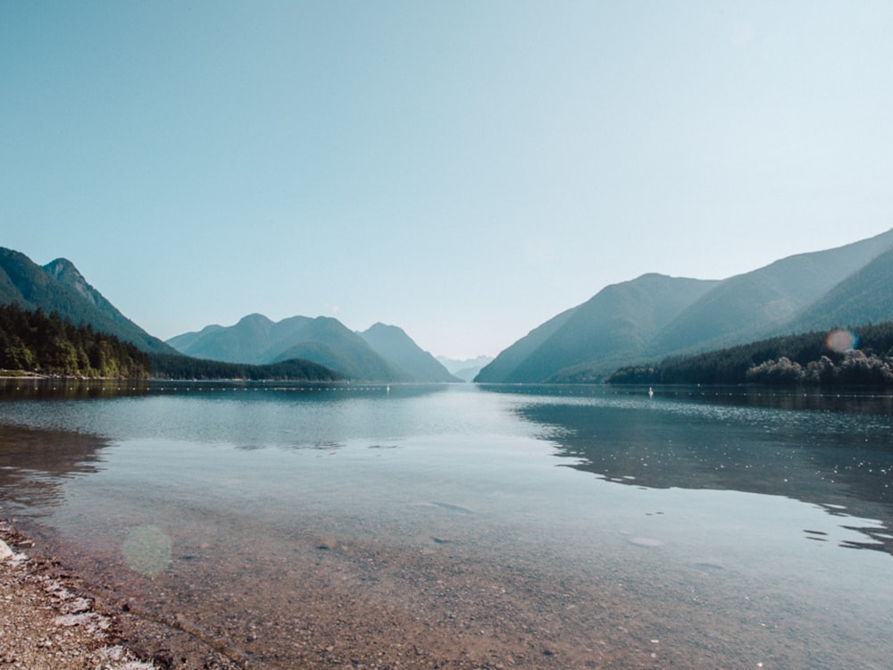 lake near green mountains under blue sky during daytime