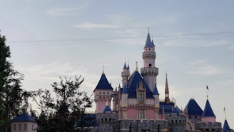A fairy tale castle featuring multiple towers with blue cone-shaped roofs and pink walls, standing against a clear sky. Trees partially frame the left side of the image.