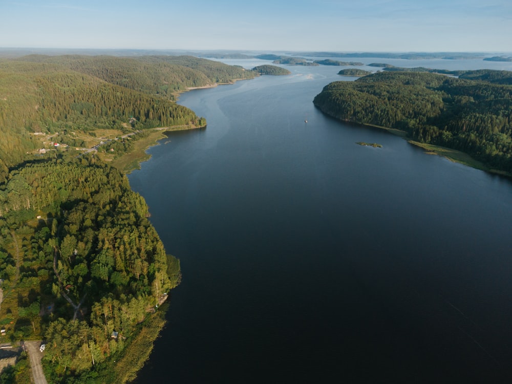 aerial view of lake and green trees during daytime