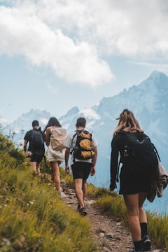 A group of people hiking on a grassy mountain trail with backpacks. They are walking uphill toward snow-capped peaks under a partly cloudy sky. The landscape is lush with green grass and wildflowers.