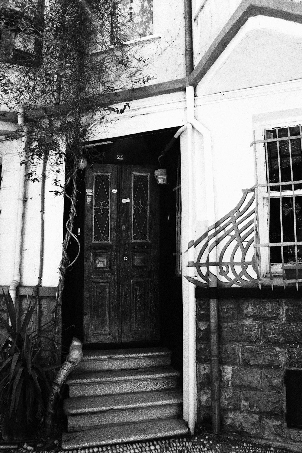 grayscale photo of wooden door