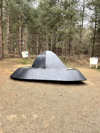 A metallic, saucer-shaped sculpture resembling a UFO is situated on a gravel path surrounded by dense, tall trees. The trees have slender trunks and a bushy canopy, with informational signs placed to the left and right of the sculpture. The area has a natural, rustic appearance.