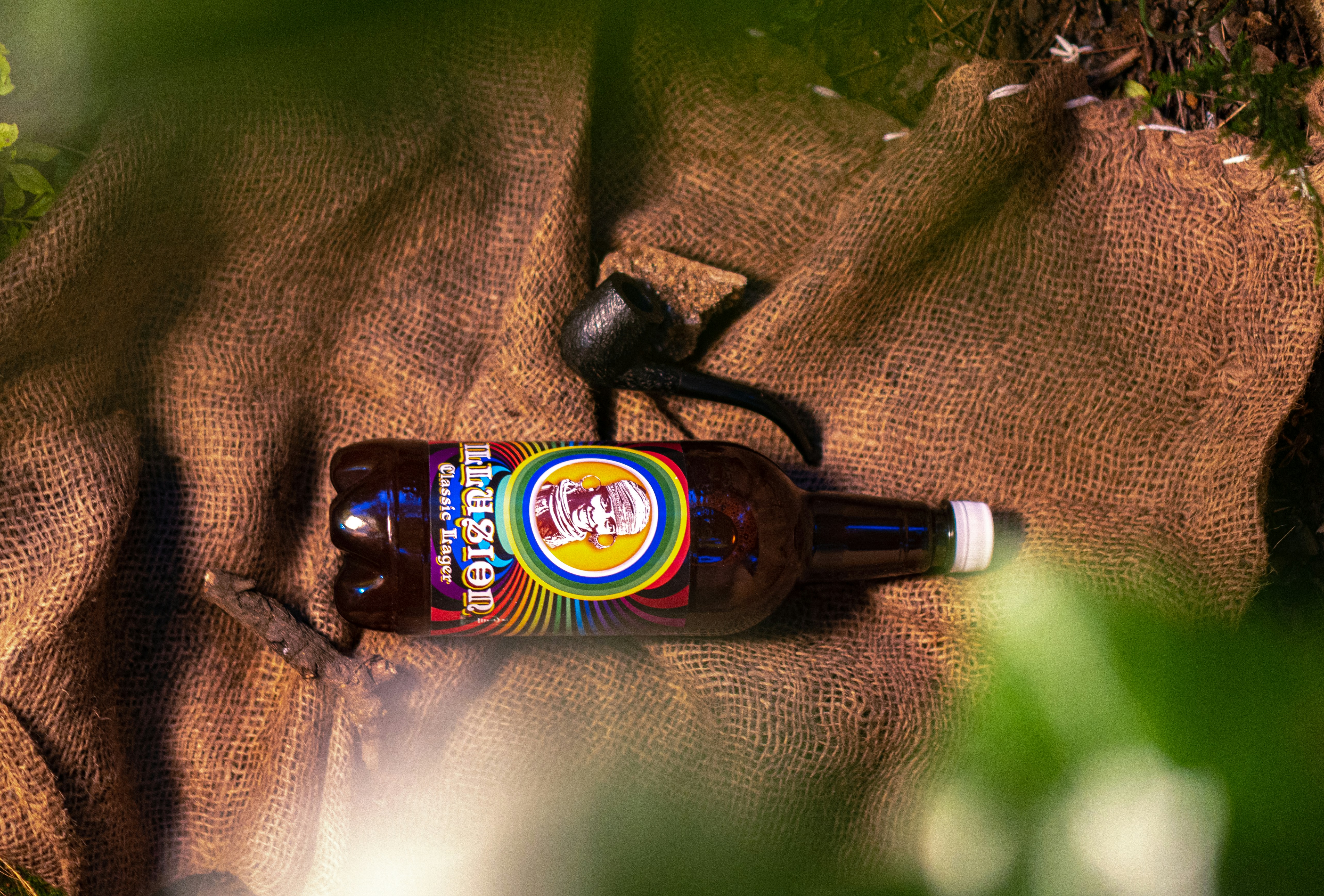 brown and white labeled bottle