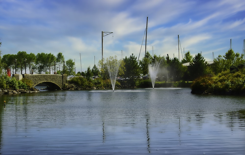 fountain near green trees under blue sky during daytime