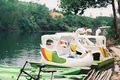 Swan-shaped pedal boats are docked along a calm, green waterway surrounded by lush vegetation. A few brightly colored kayaks are visible in the foreground with a bicycle lying nearby. The boats are designed with white bodies and colorful decorative accents, resembling swans with elongated necks and orange beaks. A small bridge can be seen in the background among the trees.