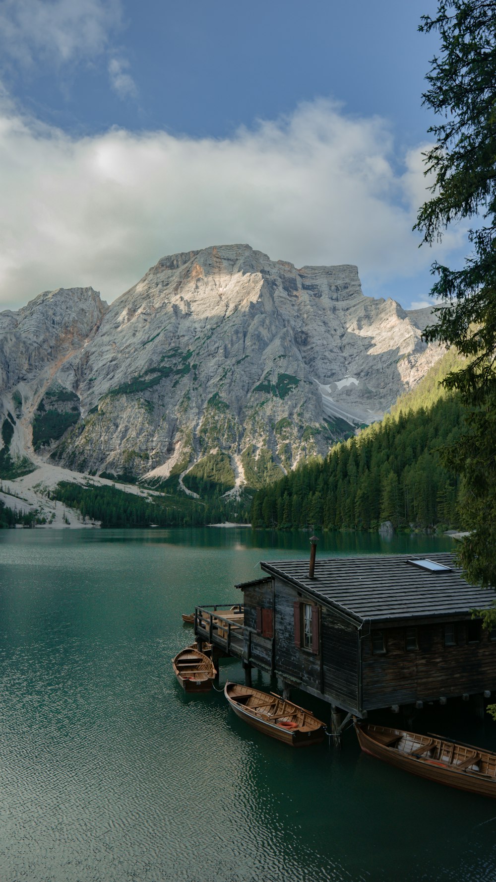 brown wooden house near lake and mountain