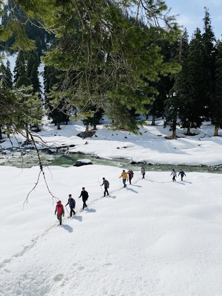 people playing ice hockey on snow covered field during daytime