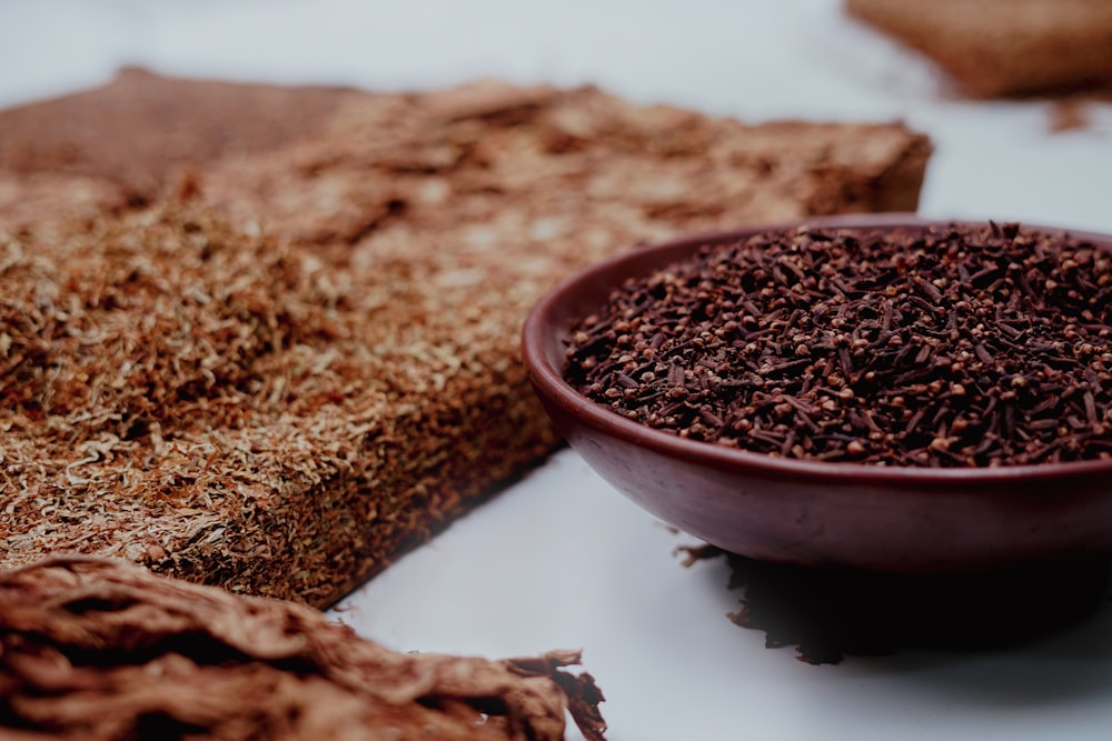 brown powder on white ceramic bowl