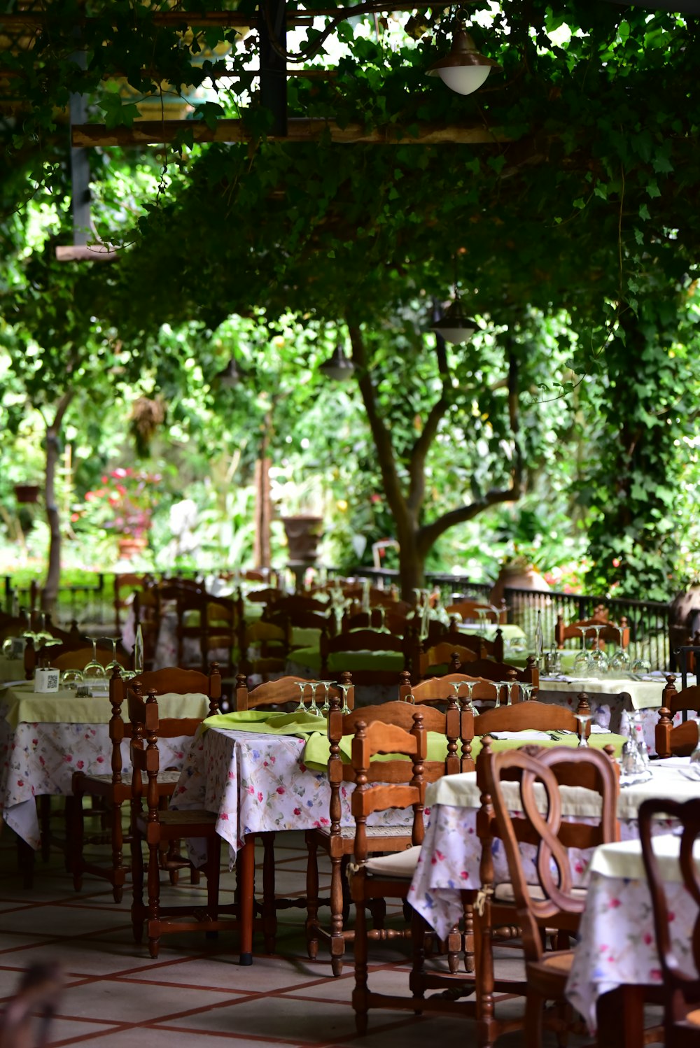 brown wooden chairs and tables near green trees during daytime