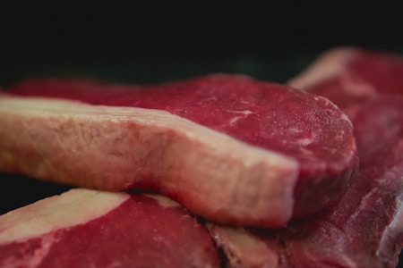 Slabs of raw, marbled meat with visible red flesh and white fat are arranged closely. The texture of the meat is rich in detail, with a focus on the contrast between the meat and fat.