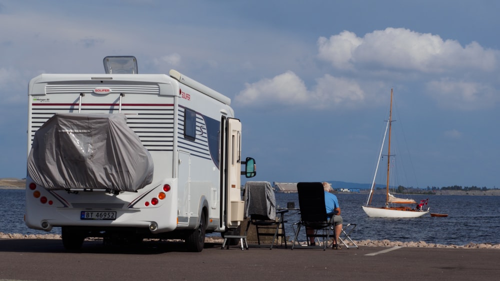 white and gray rv trailer under blue sky during daytime