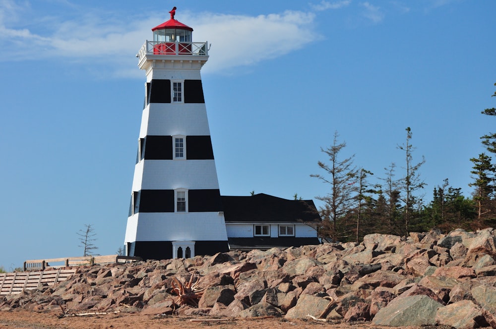 white and black lighthouse near green trees under blue sky during daytime