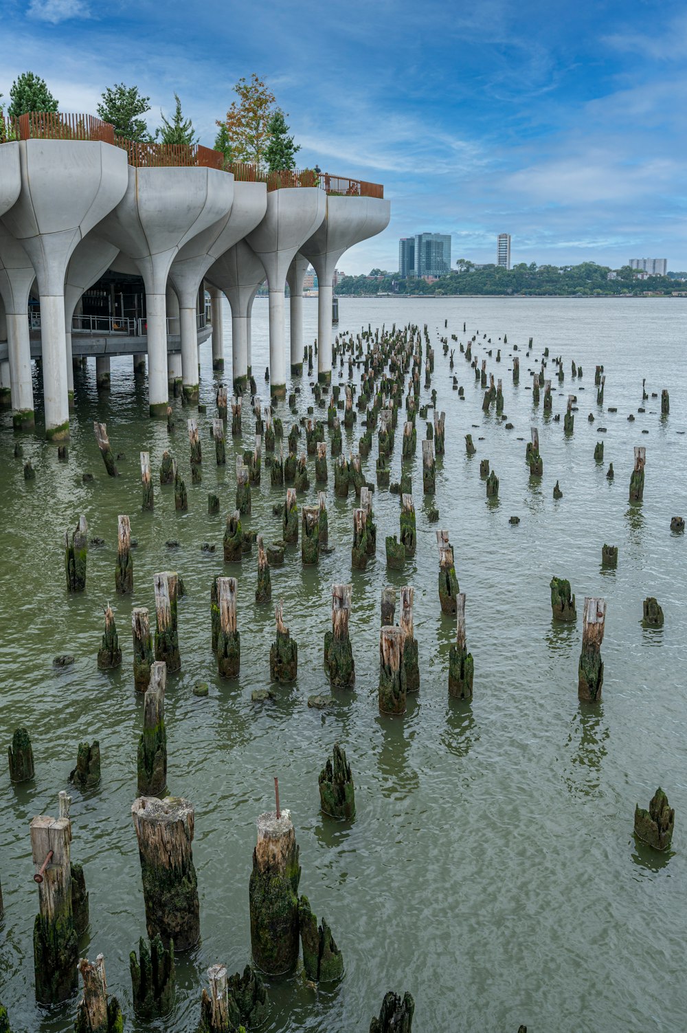 white and brown concrete posts on body of water during daytime