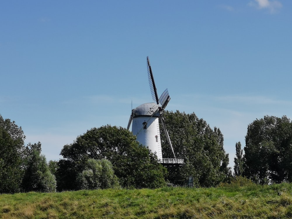 weiße Windmühle auf grünem Rasenfeld tagsüber