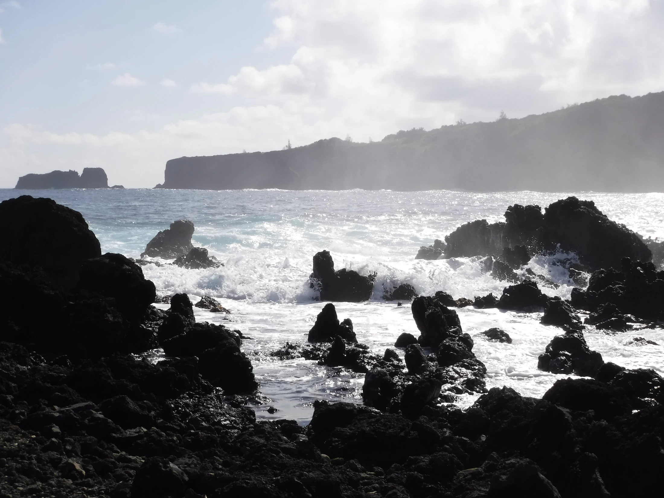 Black lava-rock formations meeting the sea on the Hana coast