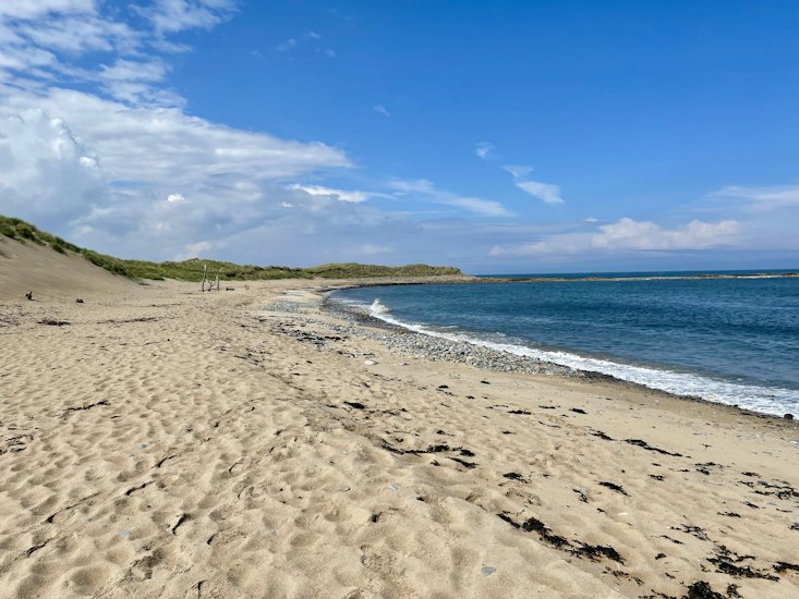 Dune-backed sandy bay with a low rocky headland on the Northumberland coast