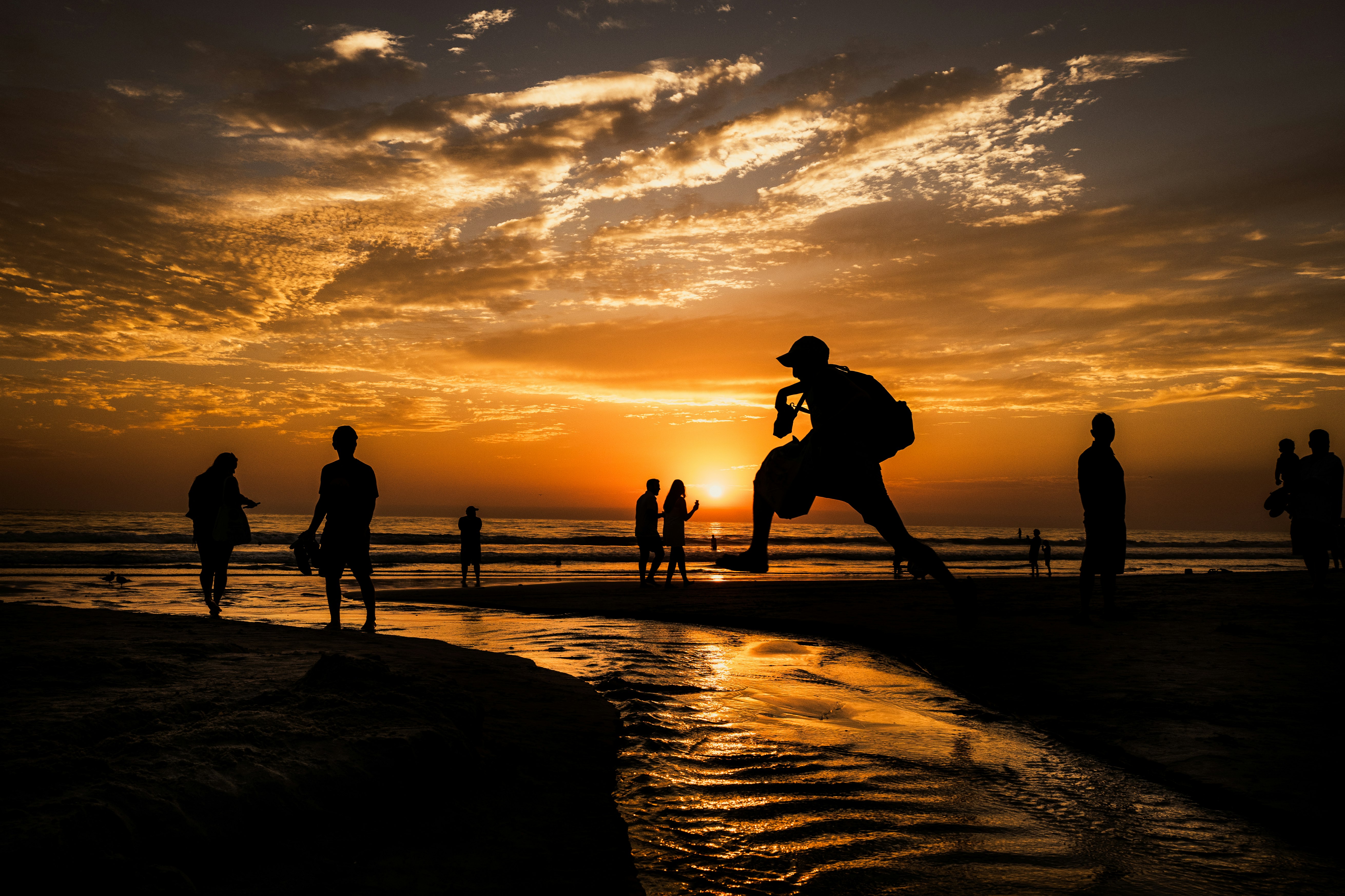 silhouette of people walking on beach during sunset