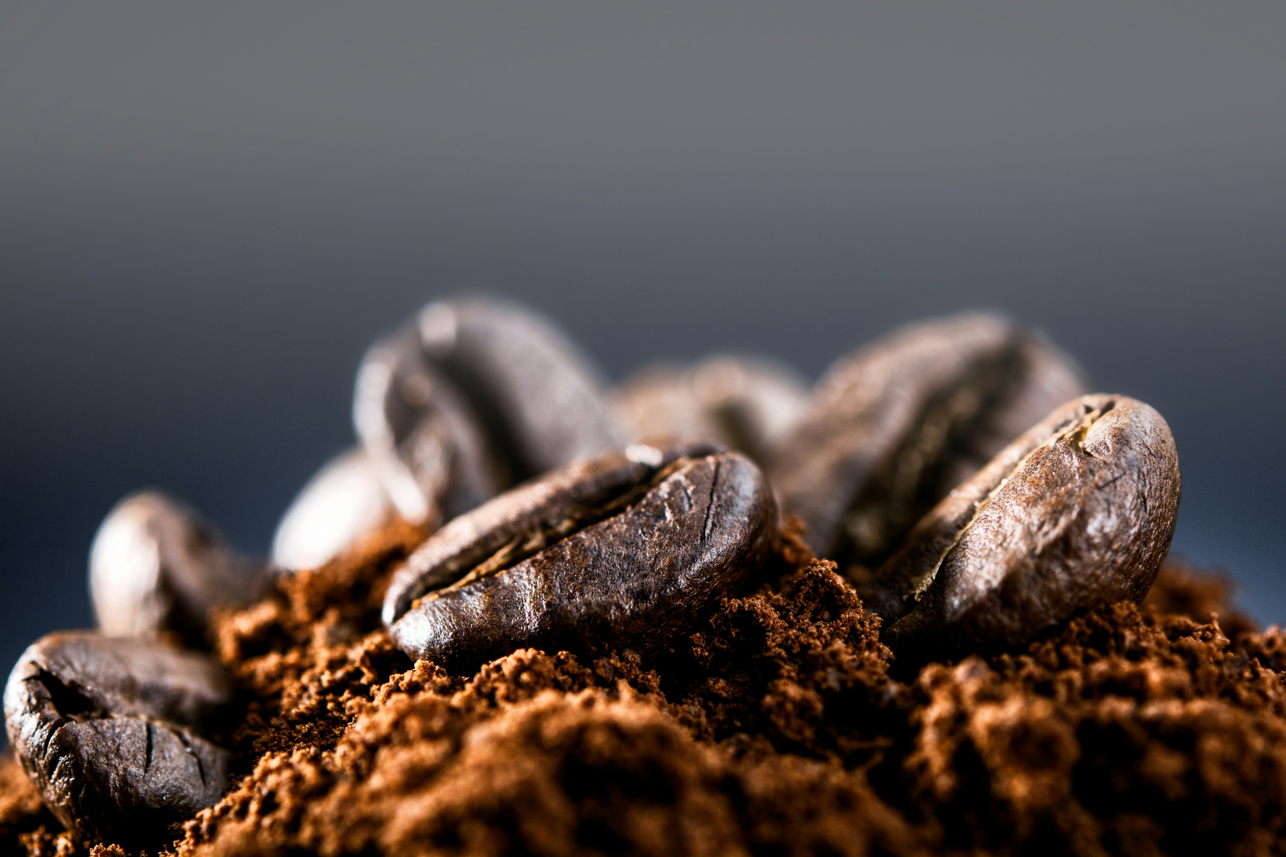 gray stones on brown soil, Roasted arabica coffee beans are ground and mixed with grind coffee 