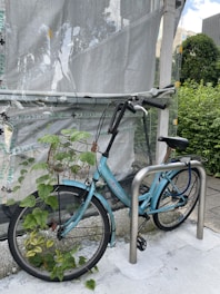 A blue bicycle is parked and secured with a lock to a metal bike rack. The bicycle has a woven basket attached to the front, and leafy green plants are growing around its wheels. The background includes a transparent tarp and green bushes.