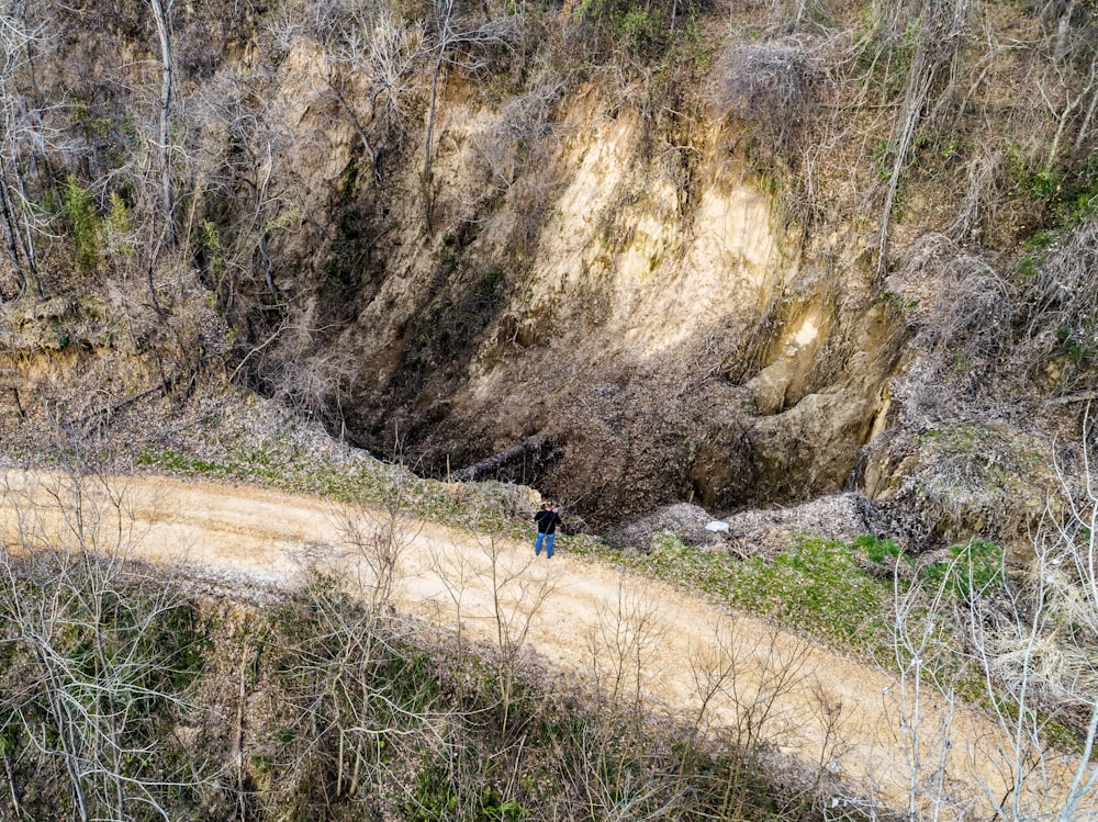 person in blue jacket walking on dirt road between brown rocky mountain during daytime