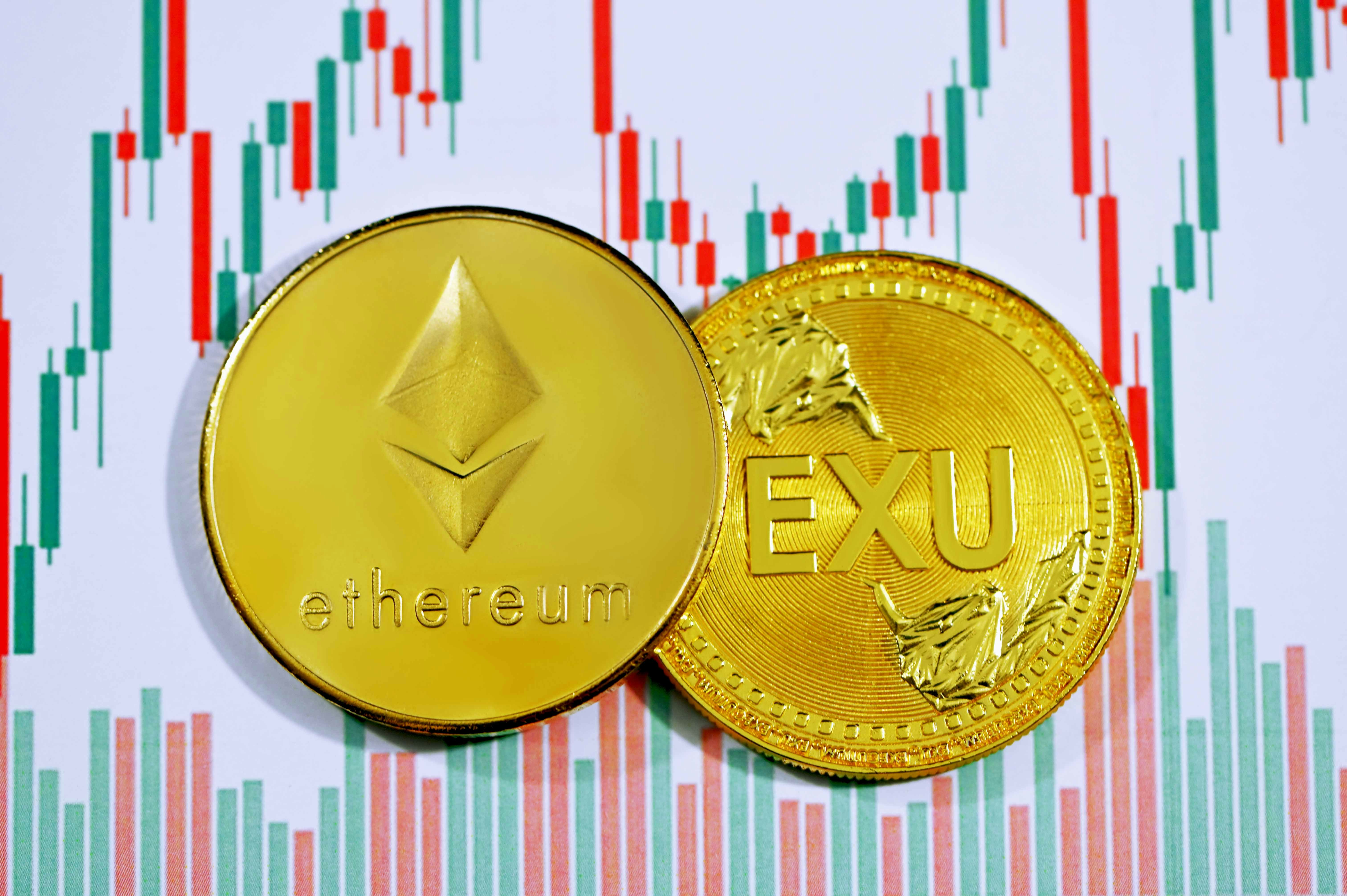 Ethereum coin and EXU coin on top of a trading chart