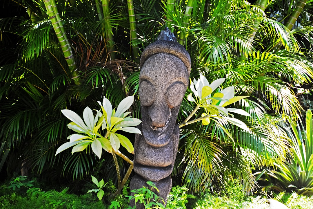 brown wooden statue near green palm tree during daytime