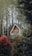 A wooden A-frame house is nestled in a forested area, surrounded by tall trees and lush greenery. The house features large windows, a small balcony, and a solar panel on its side. The landscape is dotted with vibrant green and red foliage, creating a serene and secluded atmosphere.
