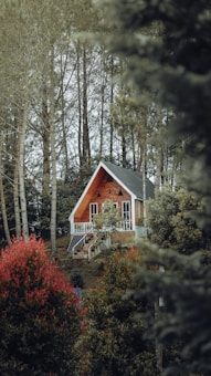 A wooden A-frame house is nestled in a forested area, surrounded by tall trees and lush greenery. The house features large windows, a small balcony, and a solar panel on its side. The landscape is dotted with vibrant green and red foliage, creating a serene and secluded atmosphere.