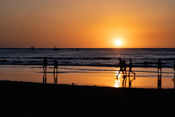 silhouette of people on beach during sunset