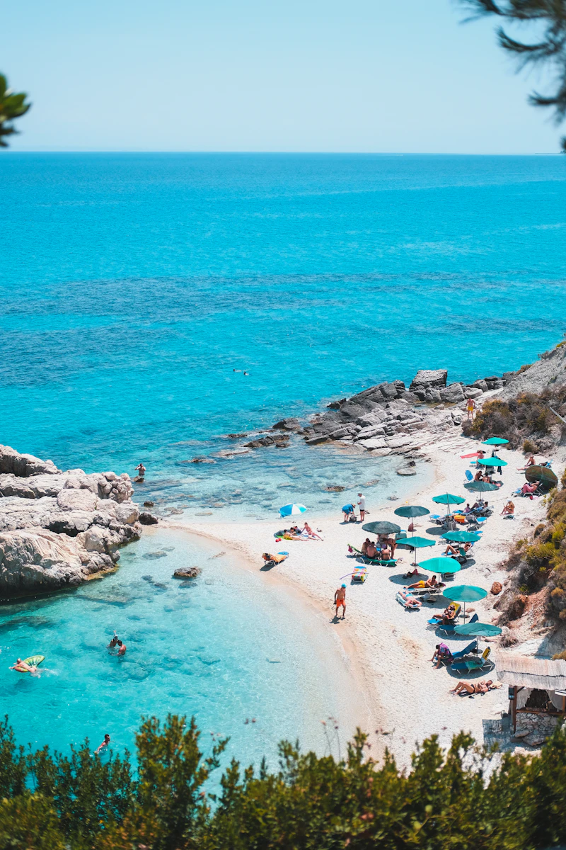 Zakynthos beach with people, Ionian sea coast