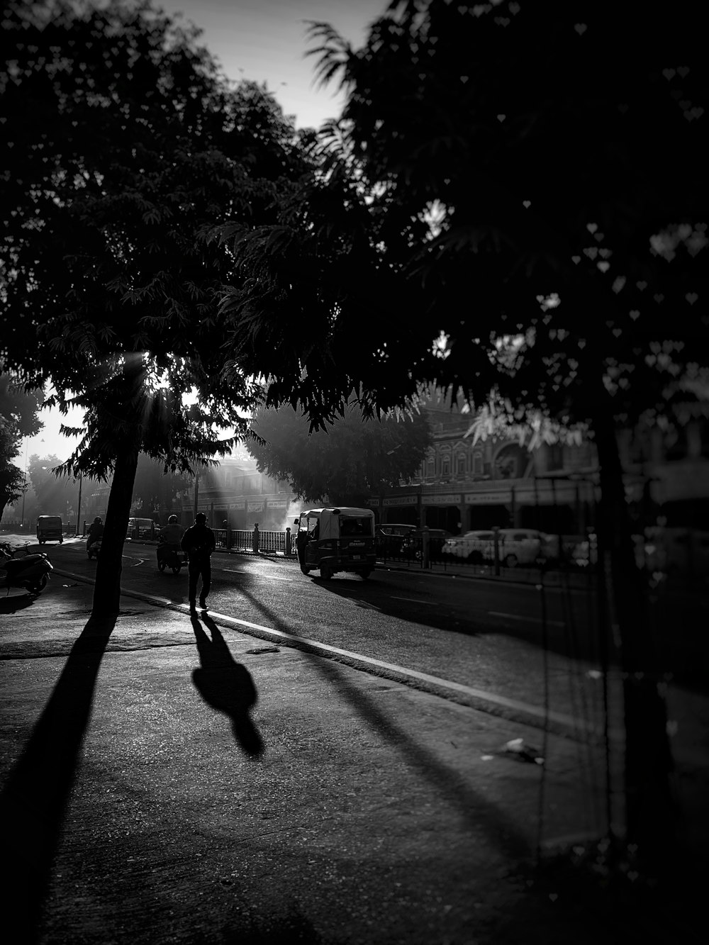 grayscale photo of person walking on sidewalk