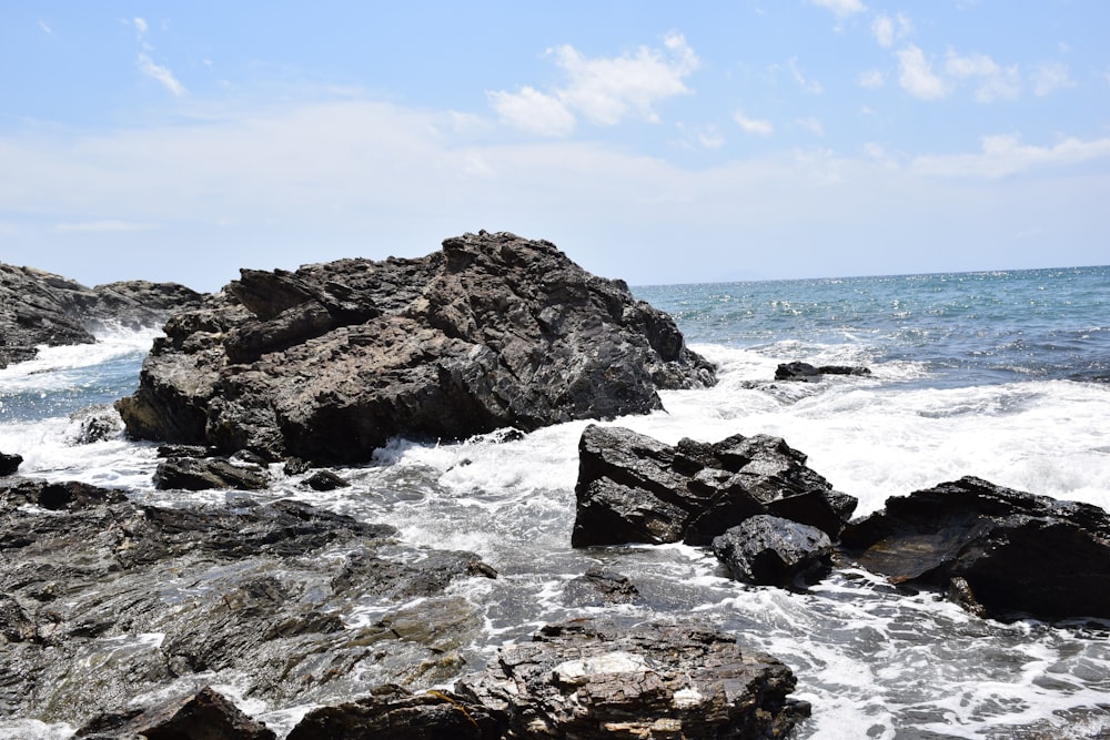 rocky shore with ocean waves under blue sky during daytime