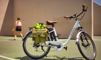 white and black bicycle with green fruit on top