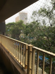 A view from a balcony or an enclosed structure featuring a safety net in the foreground. The perspective looks out onto a backdrop of dense foliage with trees, and a tall building is visible in the distance through the net. The railing of the balcony adds a linear element to the composition.