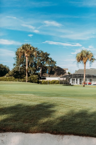 A serene golf course green surrounded by palm trees and a few other trees, with a clubhouse or residential building in the background. The sky is clear with a few clouds, and the overall scene appears calm and peaceful.