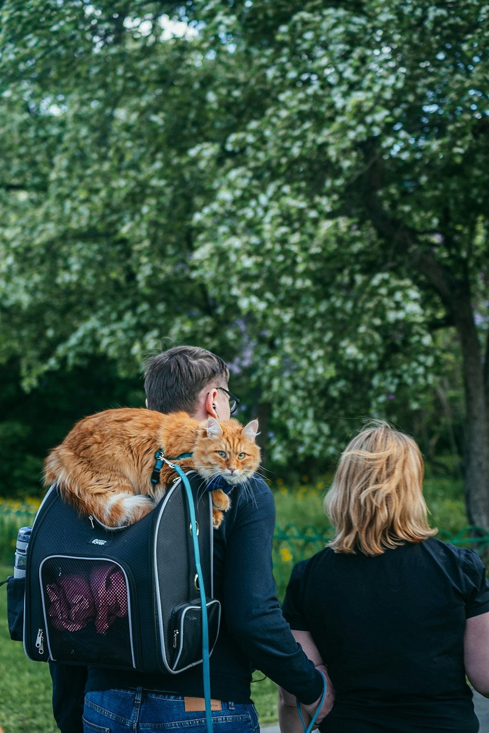 a man with a backpack and a cat on his back