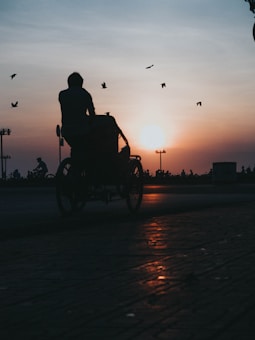 silhouette of man riding on wheelchair during sunset