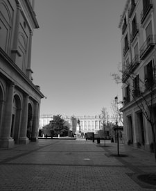 A black and white image depicting a cobblestone street flanked by tall, historic buildings. In the background, there is a large, ornate building, likely a palace or government structure, with trees and hedges dotting the landscape. The scene is devoid of people, providing a quiet, tranquil atmosphere.