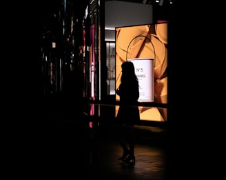 A silhouette of a person is seen in profile against a brightly lit advertisement featuring a Chanel No. 5 product. The background includes various reflections and colorful lights, creating a contrast between the dark and illuminated areas.