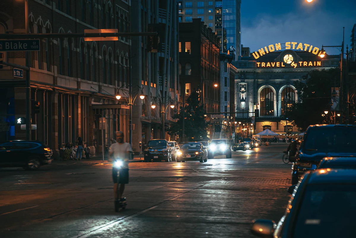 Denver city street at night in the Capitol Hill area