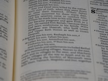 A close-up view of a page from a book with text describing genealogy. The text includes names and familial relationships written in a traditional serif font. The layout is typical of a religious or historical text with numbers denoting verses or sections.