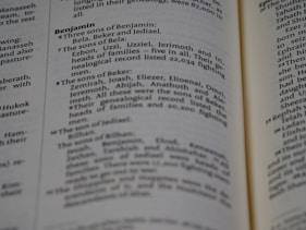 A page from a book with text referring to genealogies, specifically mentioning names such as Benjamin, Bela, Beker, and their sons. The text is formatted in two columns with bold headings for sections.