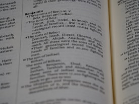 A page from a book with text referring to genealogies, specifically mentioning names such as Benjamin, Bela, Beker, and their sons. The text is formatted in two columns with bold headings for sections.