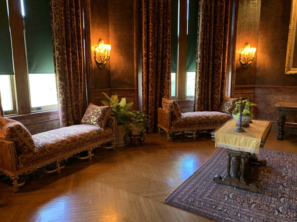 living room with brown curtains