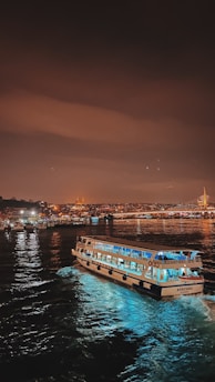 white and blue boat on water during night time