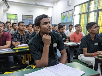 a group of people sitting at desks in a classroom